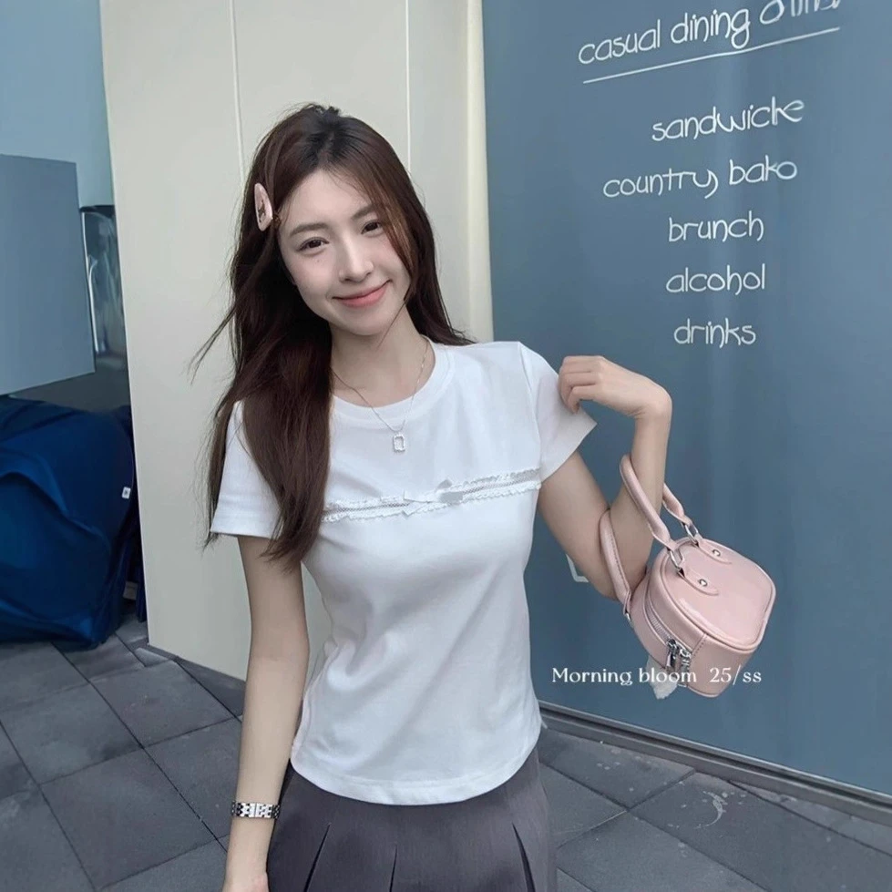 韩版甜美蝴蝶结短袖T恤女夏季2025新款拼接镂空修身百搭甜辣上衣