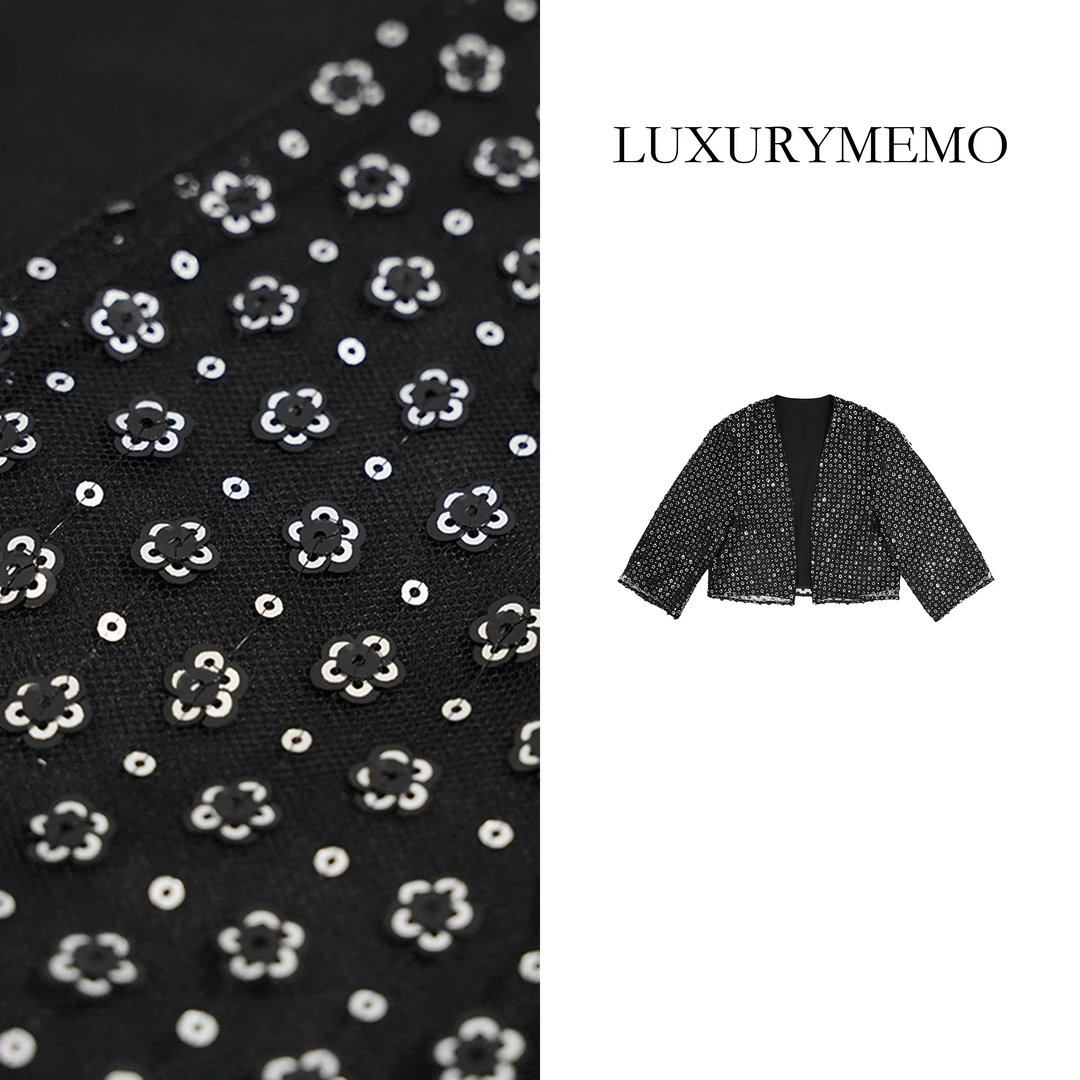 LUXURYMEMO【刘熊熊】秋季新款气质亮闪闪防晒重工网纱珠片开衫外套