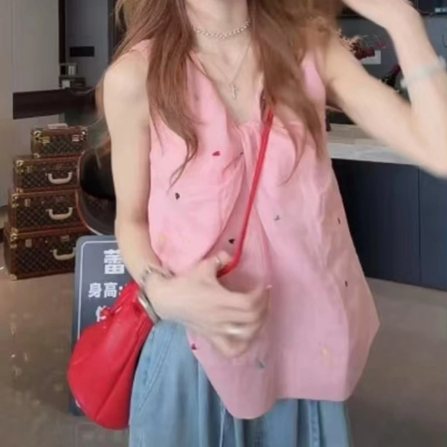 女性休闲上衣设计感2025韩式夏季短袖粉色新款宽松女气质显瘦百搭