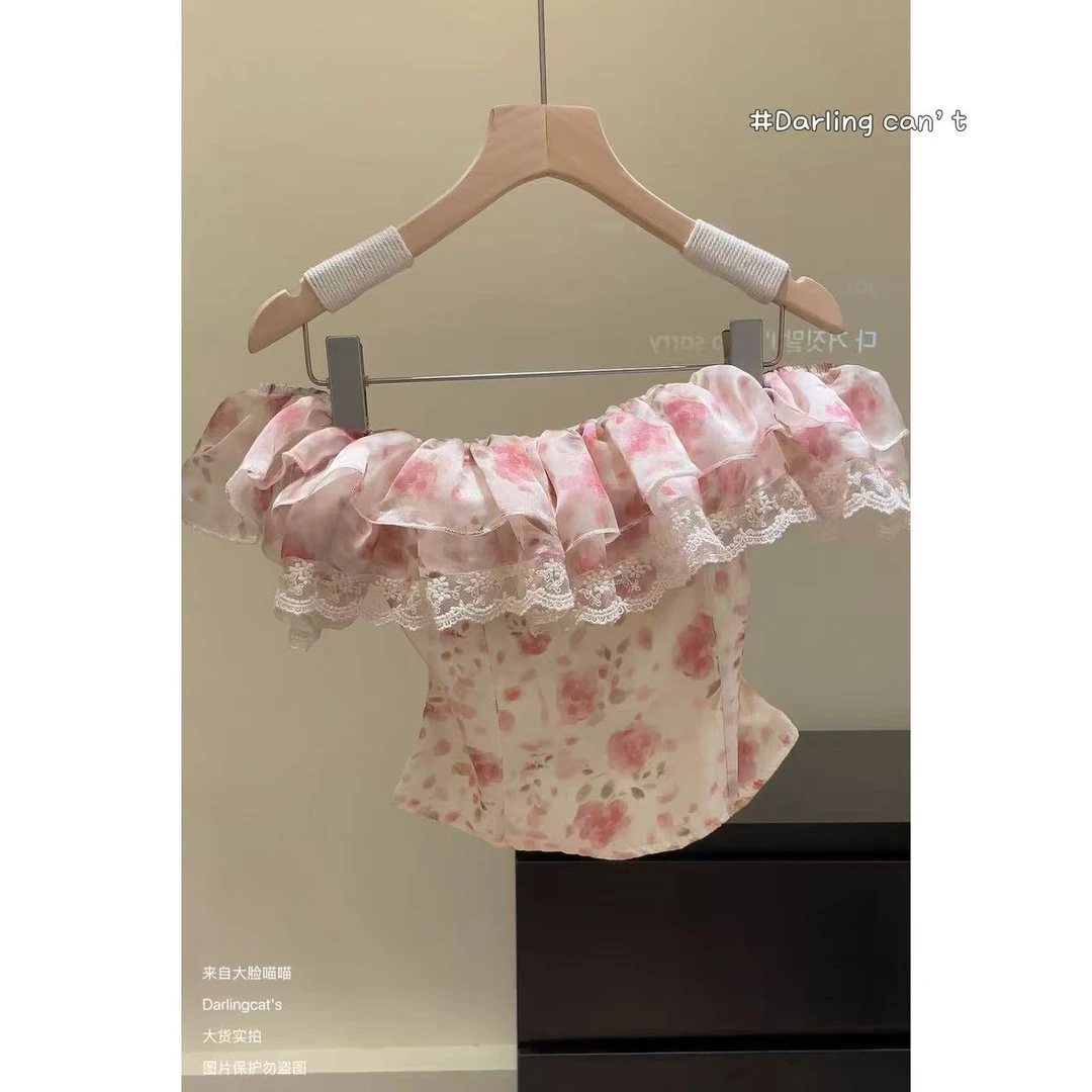 大脸喵 午后少女"带胸垫"有鱼骨"有防滑条碎花一字肩抹胸蕾丝胸衣