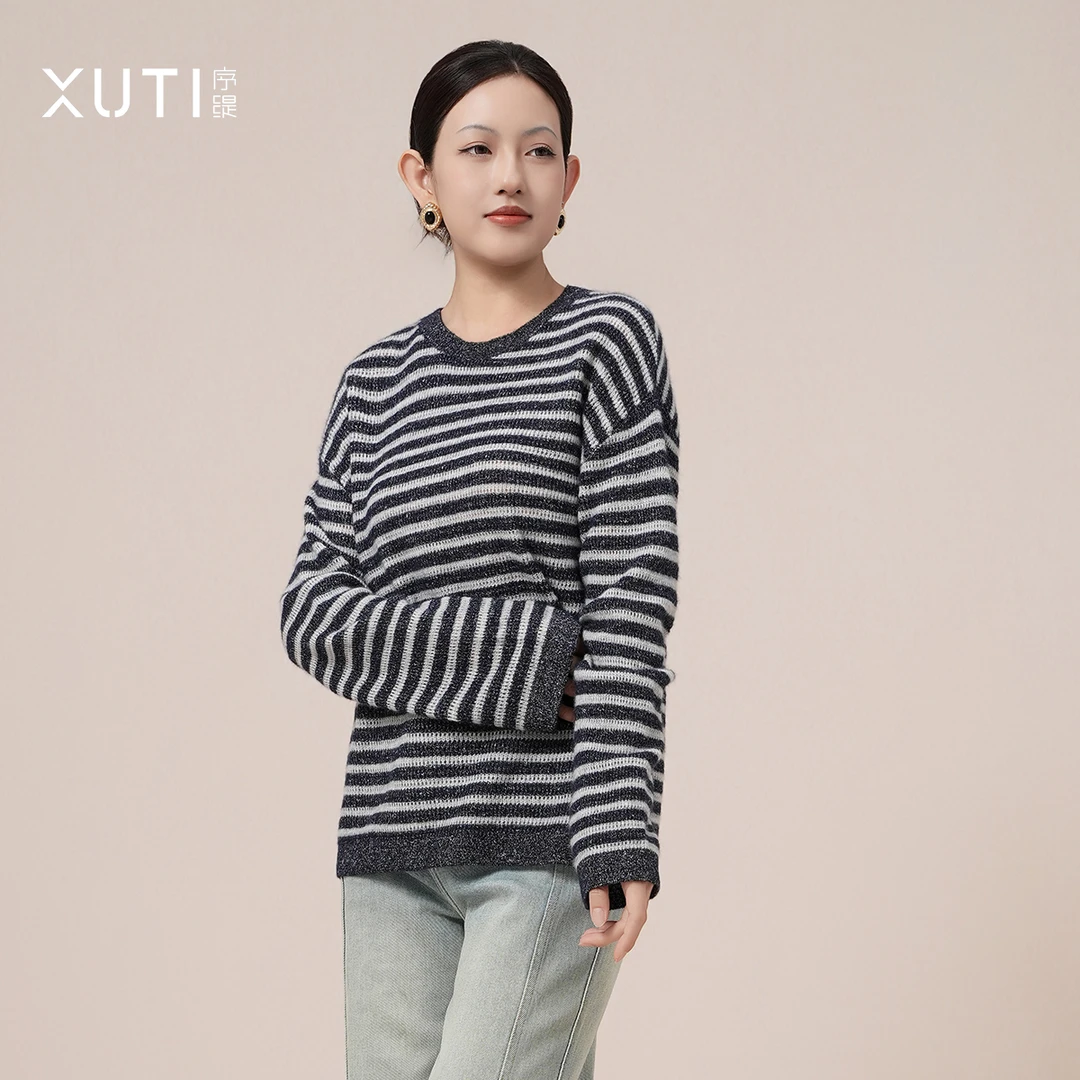 序缇山羊绒亚麻条纹针织上衣女2025秋季新款百搭J77-22079