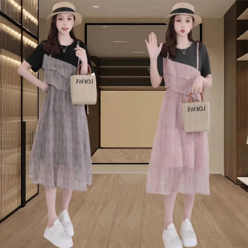 欧货时尚洋气假两件连衣裙女款2025夏季新款设计感拼接T恤百搭裙