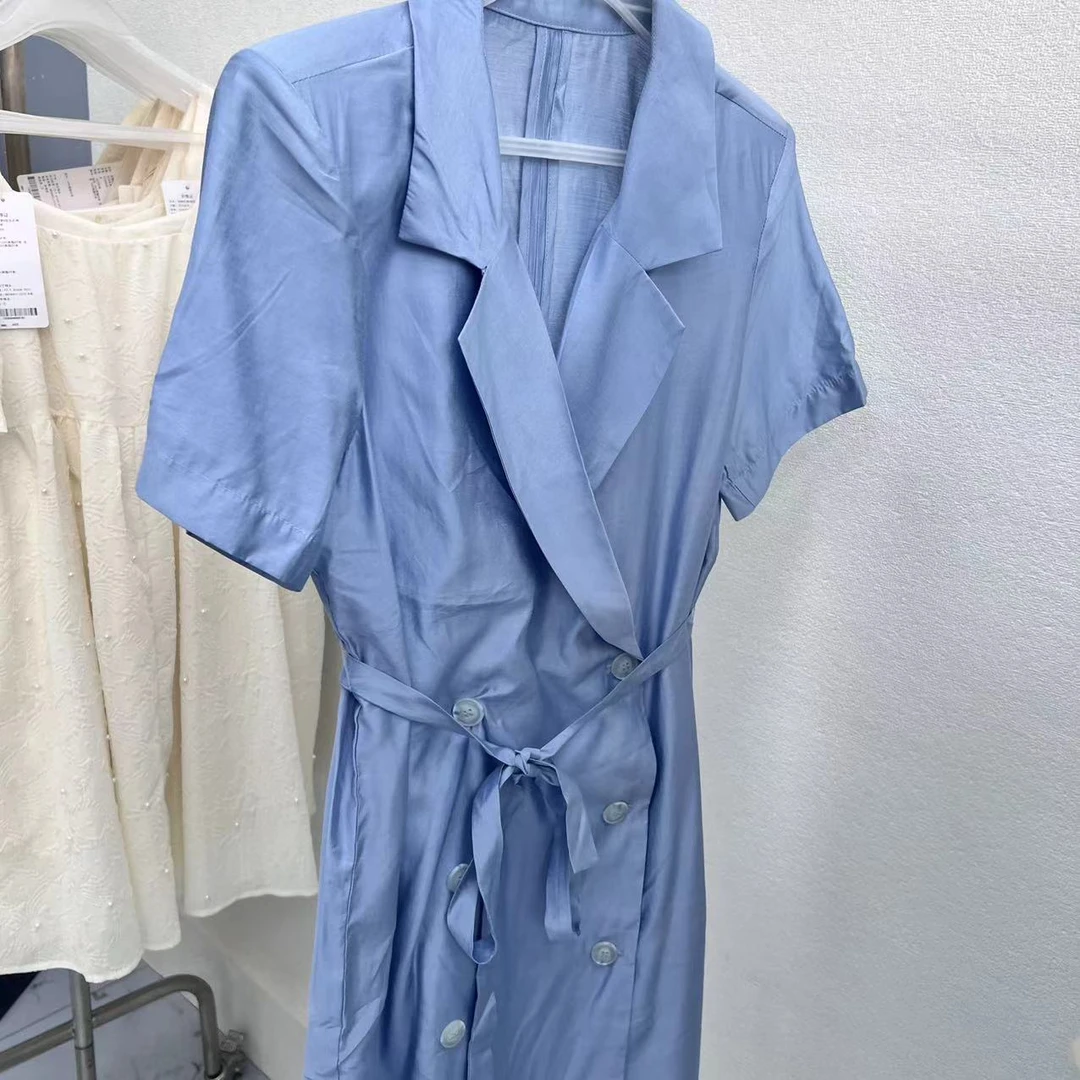 简约衬衫裙百搭蓝色夏季连衣裙收腰气质X型裙A10-8