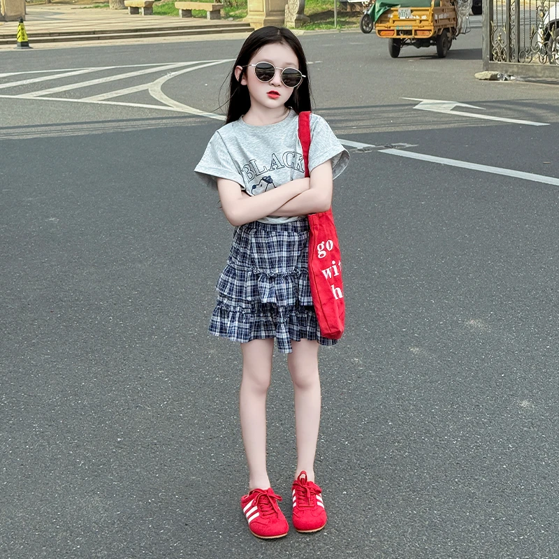 女童装2025夏新款儿童韩系卡通短袖T恤女童格子蛋糕半身裙套装潮
