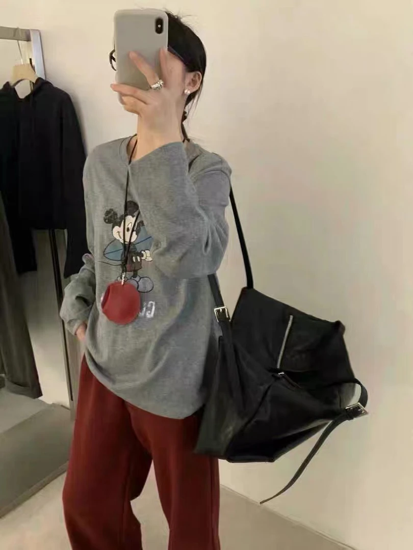 韩系简约卡通图案印花长袖T