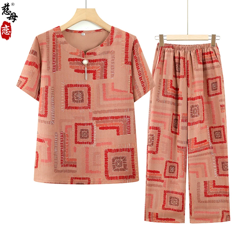 中老年女装妈妈夏装套装老年奶奶上衣老年人短袖两件套老太太衣服