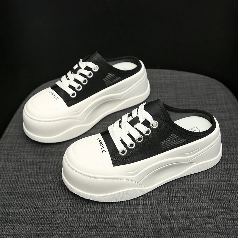 厚底包头半拖鞋女2025年夏季新款系带百搭时尚一脚蹬懒人休闲板鞋