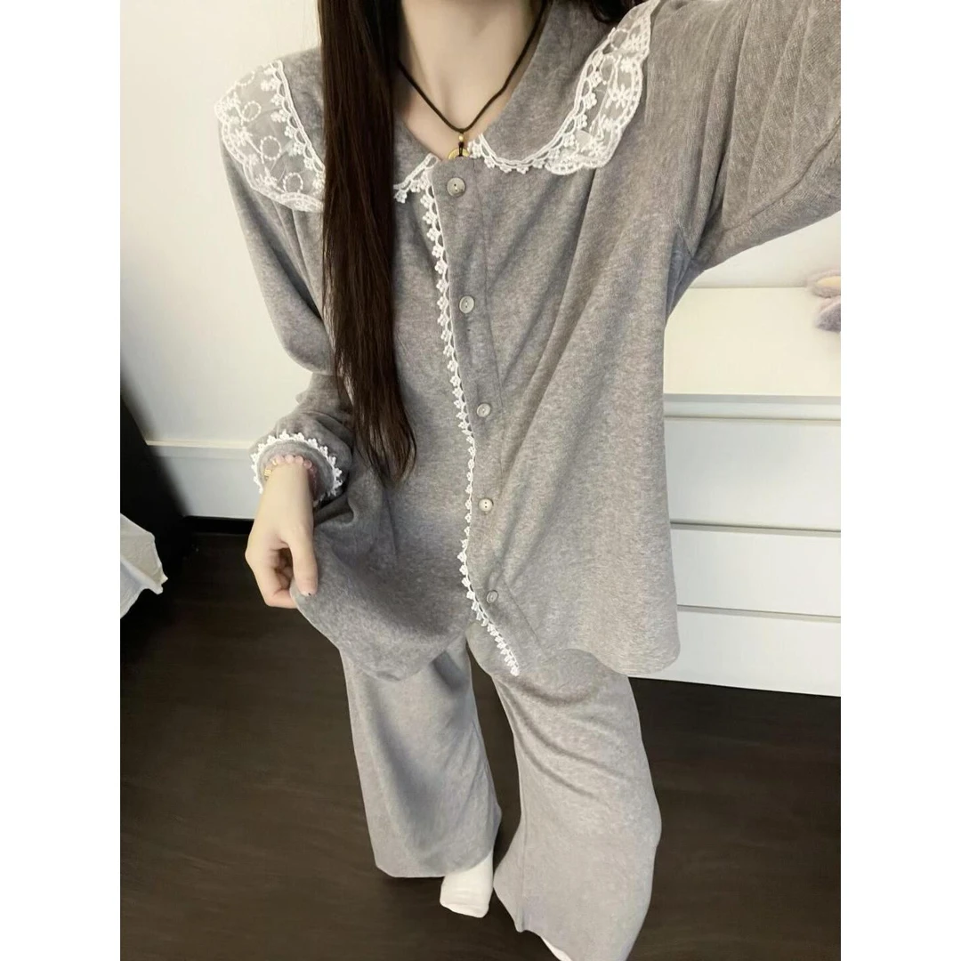 韩版少女简约德绒蕾丝花边睡衣女秋冬季新款舒适居家服可外穿套装