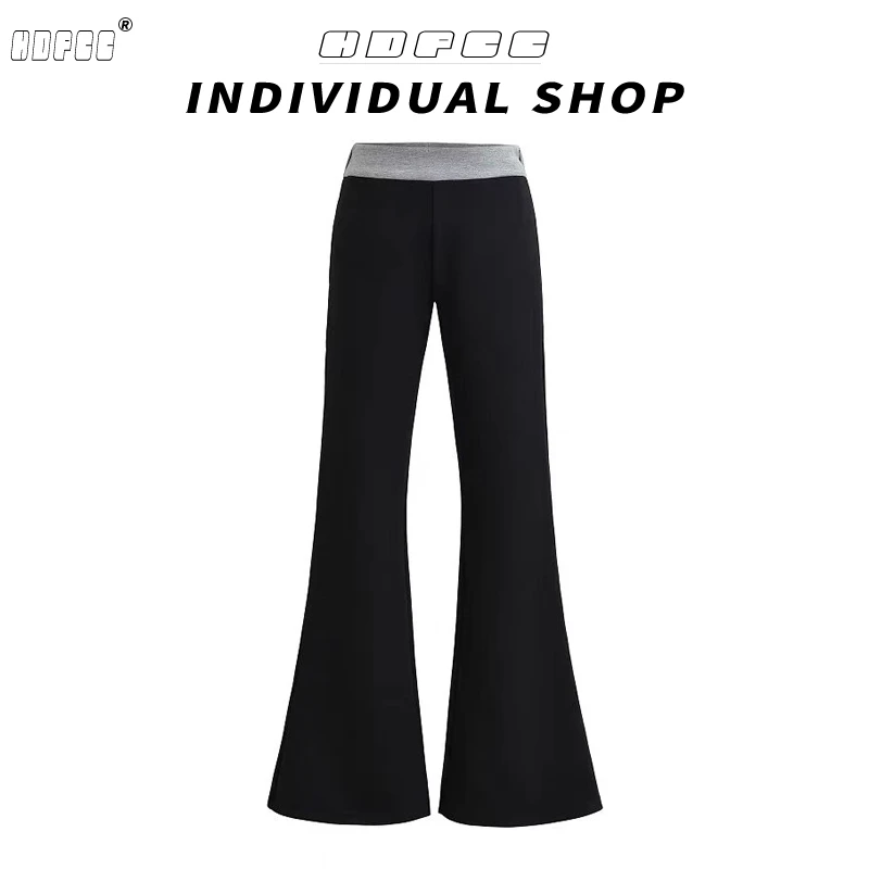 设计感慵懒风修身显瘦休闲长裤女2025春夏复古撞色拼接微喇长裤潮