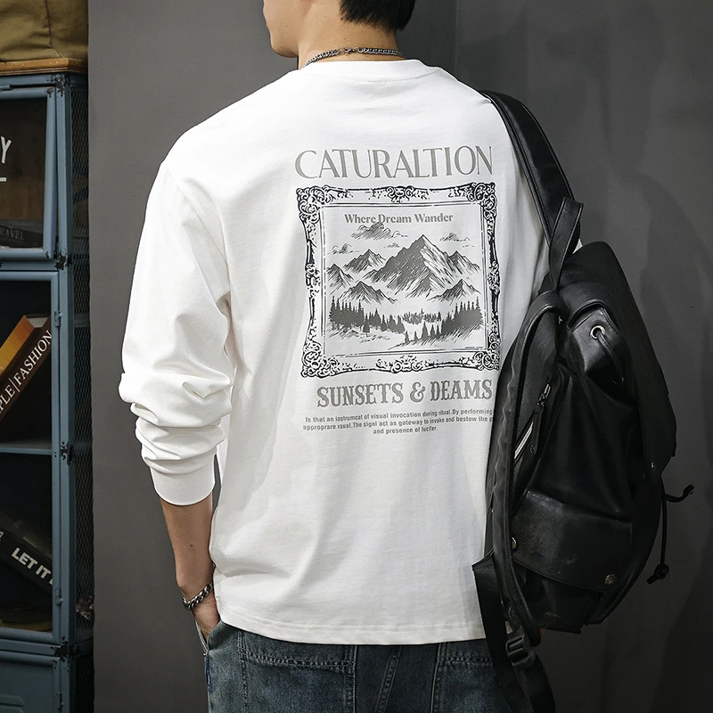 MR.MUDI/穆迪先生纯棉山系印花长袖T恤男新款宽松休闲打底衫上衣