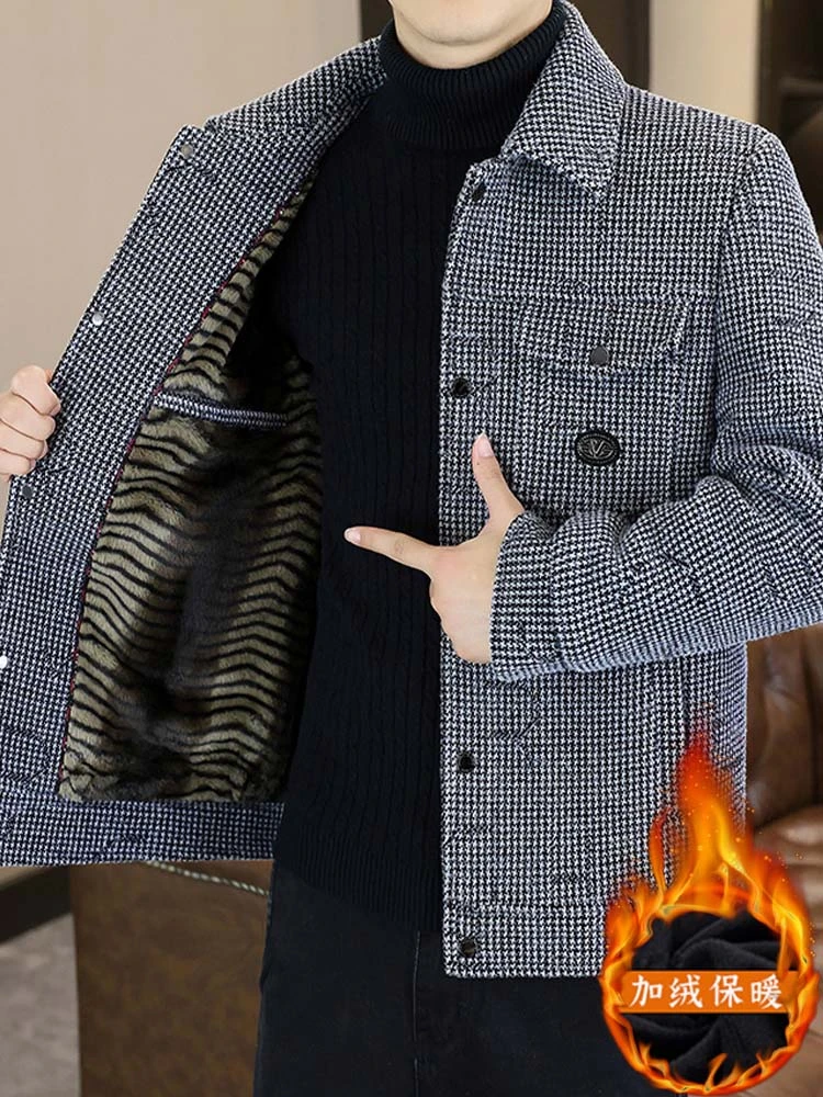冠欧奥斯 秋冬季翻领毛呢夹克男加绒加厚休闲高端短款呢子外套