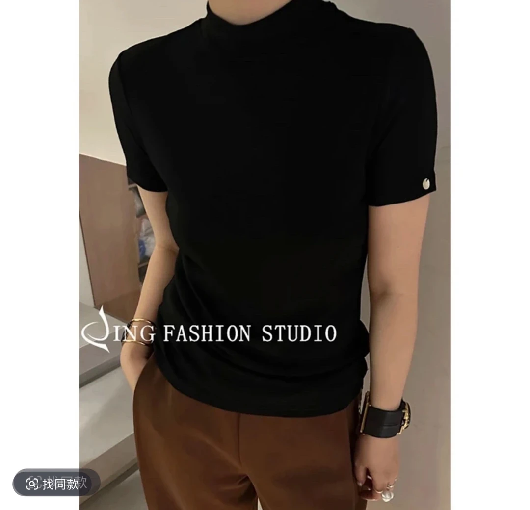 JING新款6060纯色短袖T恤舒适百搭女士圆领修身打底上衣