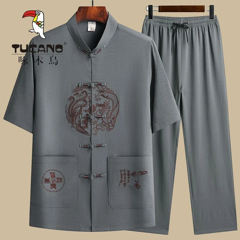啄木鸟唐装男中老年中国风爷爷装夏季短袖爸爸夏装套装老年人衣服