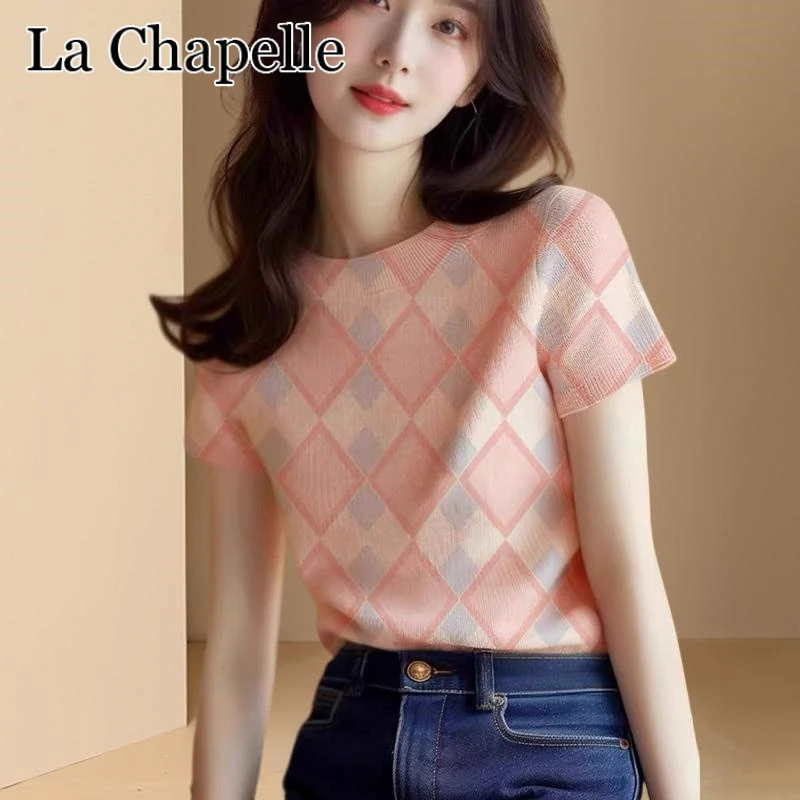 拉夏贝尔2025夏季新款韩版格纹短袖T恤女时尚百搭撞色显瘦针织衫
