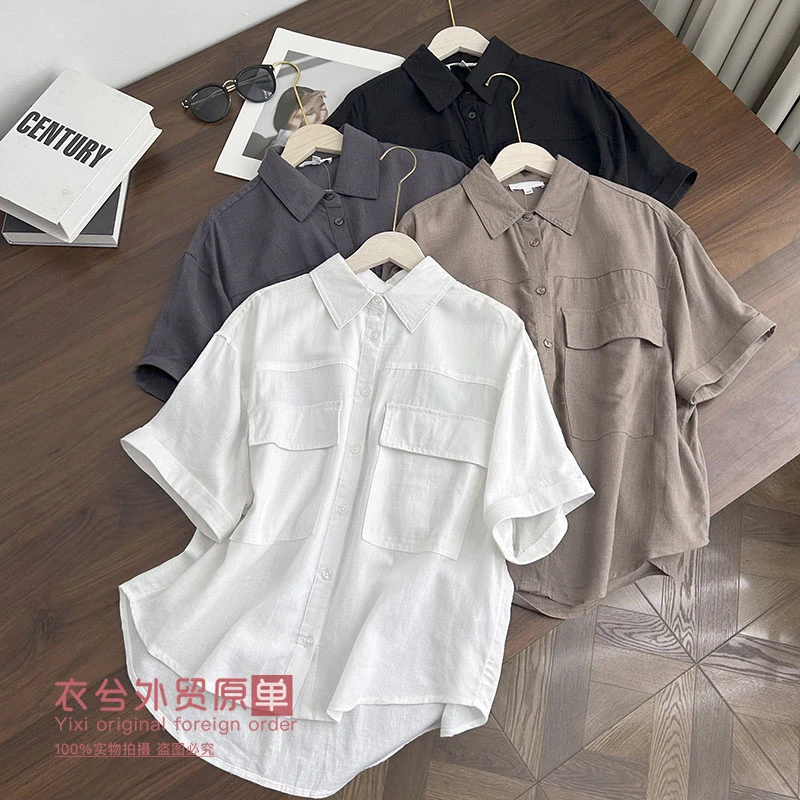 （衣兮双口袋亚麻短袖衬衫）夏季新款小众设计休闲百搭单排扣短袖Z