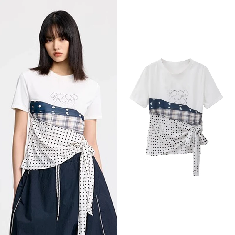 【范范订单】2025夏季新品设计师款少女感波点缎面拼接T恤A5672