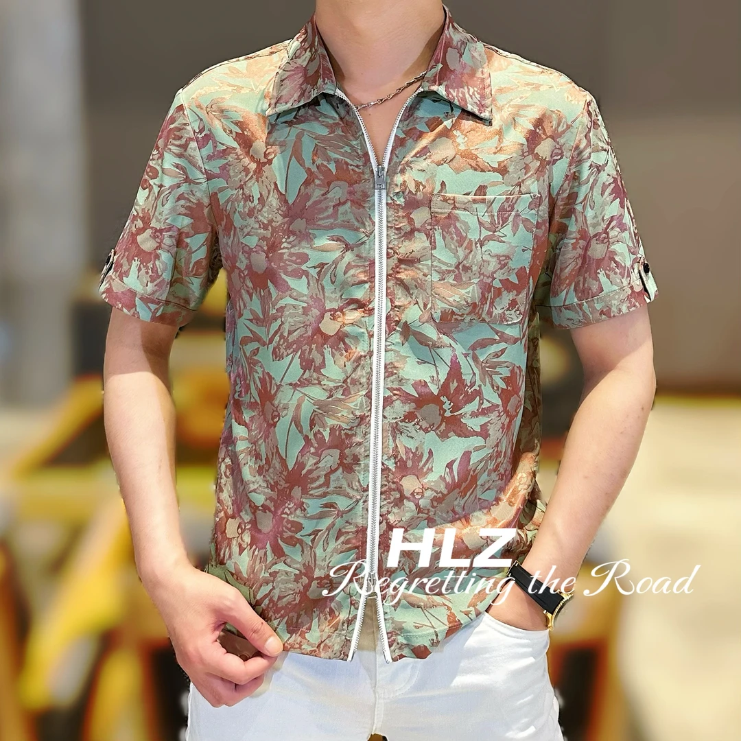 2025夏季新款修身男士休闲个性时尚牡丹花印花双拉链短袖衬衫上衣