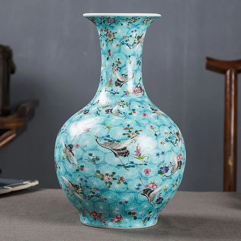 景德镇书房陶瓷器花瓶蓝地飞鹤瓷器客厅装饰品摆件酒柜博古架古典