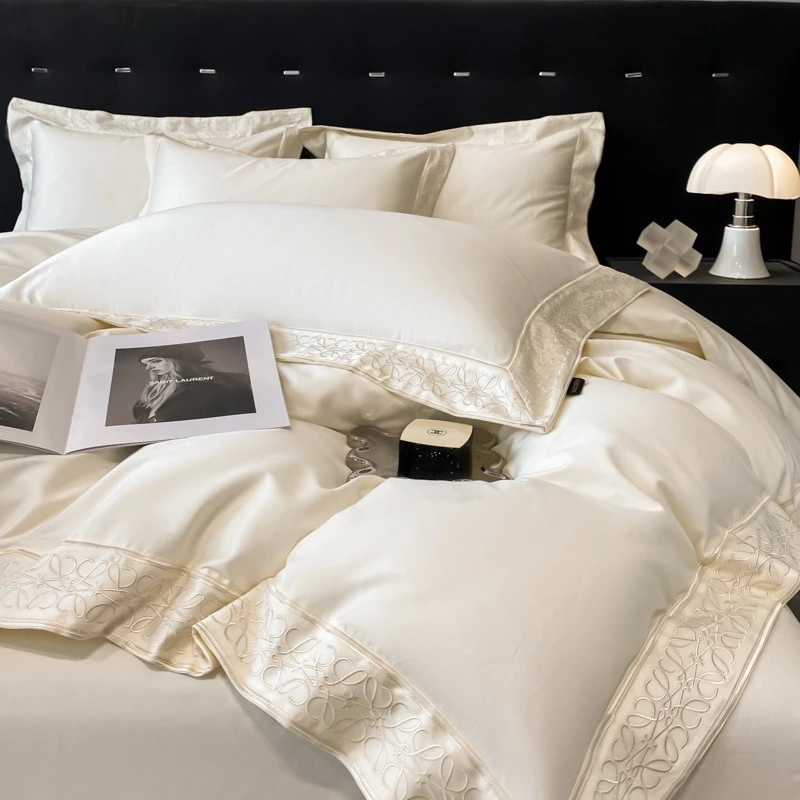 轻奢高端100支纯棉刺绣四件套全棉宽边被套床单粉结婚庆床上用品