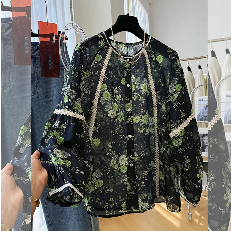 早春法式气质印花衬衫女高级感轻奢长袖上衣复古设计衬衣透气衬衣