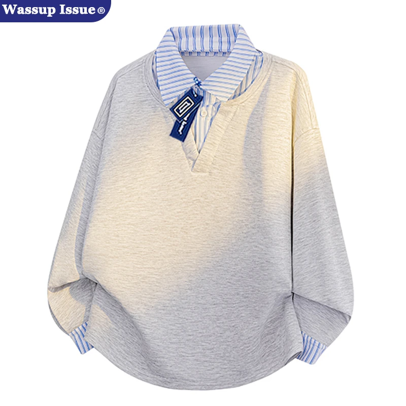 WASSUP ISSUE美式复古潮流假两件衬衫男款春季宽松百搭长袖衬衣潮