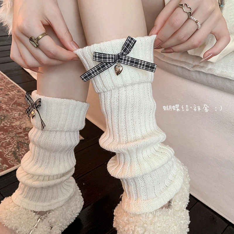 lolita蝴蝶结针织白色袜套女款秋冬季中筒袜子日系小腿套jk堆堆袜