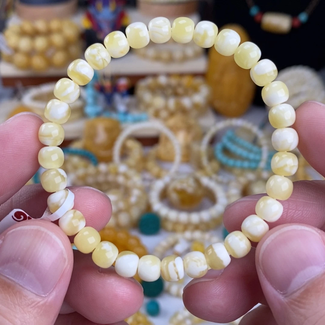 蜜蜡未镶嵌手链瓷白虎皮纹6.5mm高桩