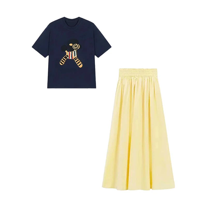 夏季穿搭一整套女新款设计感刺绣短袖T恤半身长裙子两件套装2162