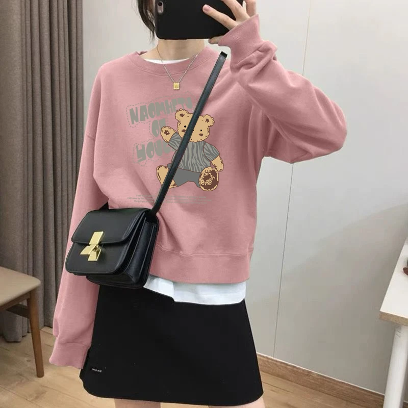 假两件圆领套头短款卫衣女加绒加厚秋冬上衣宽松小个子春秋薄款