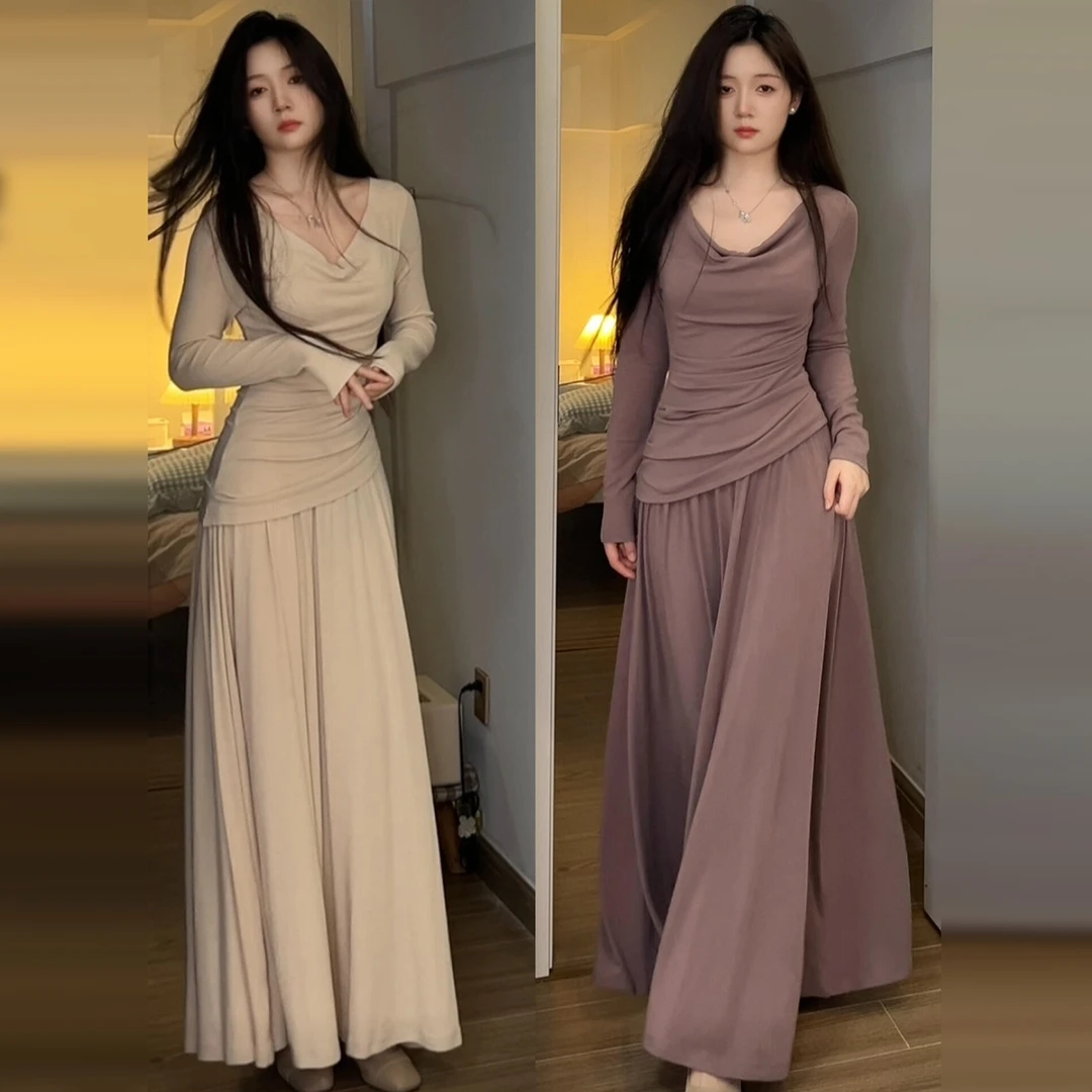 法式高级感荡领长袖连衣裙子女秋冬2025气质收腰显瘦长裙套装8265