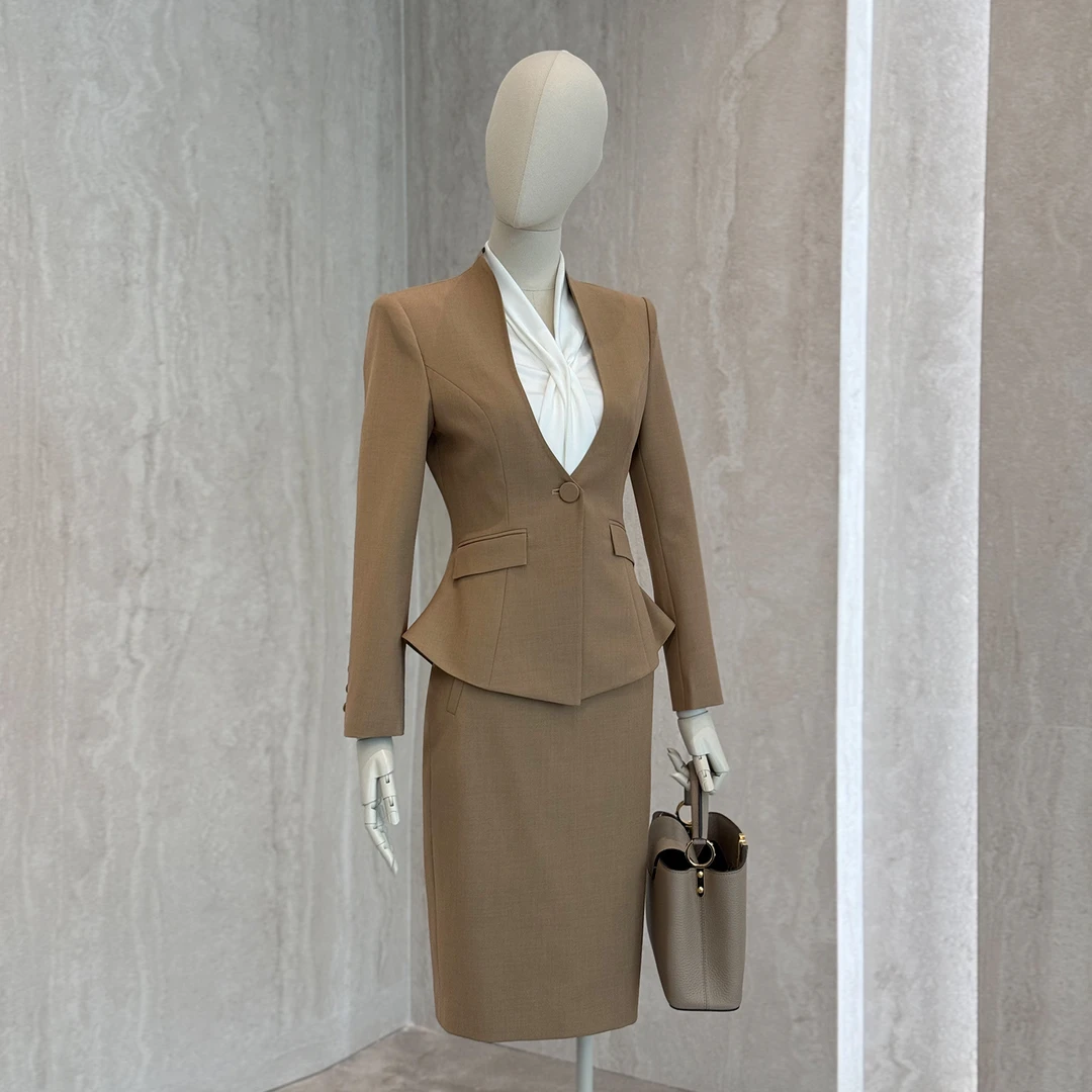 团购定制减龄温柔名媛气质卡其色一粒扣西装半身裙两件套装女3327