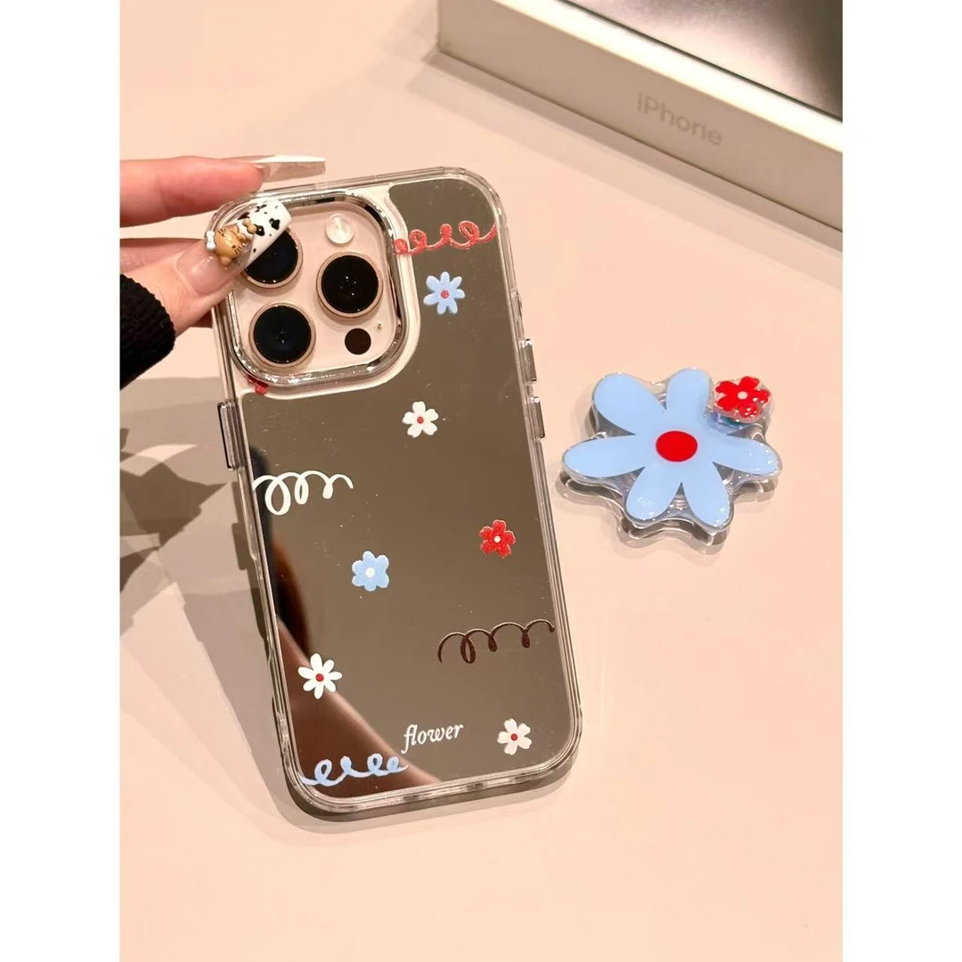 春日蓝白小花朵支架适用苹果15pro镜子大孔iPhone16/14防摔手机壳