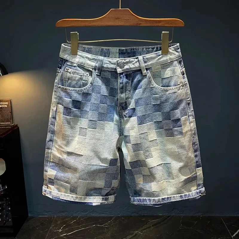 法国Cebrodz交织感格子牛仔短裤潮牌夏季五分休闲裤复古做旧中裤