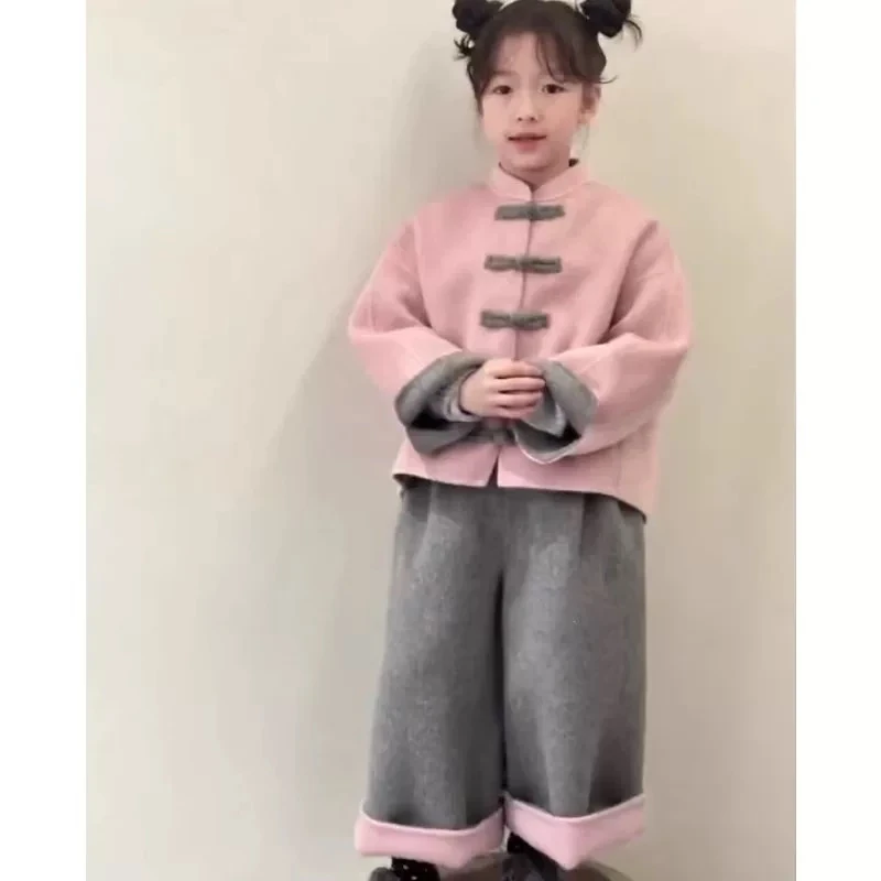 儿童拜年服女童新中式套装冬装时髦洋气加厚粉色外套裤子