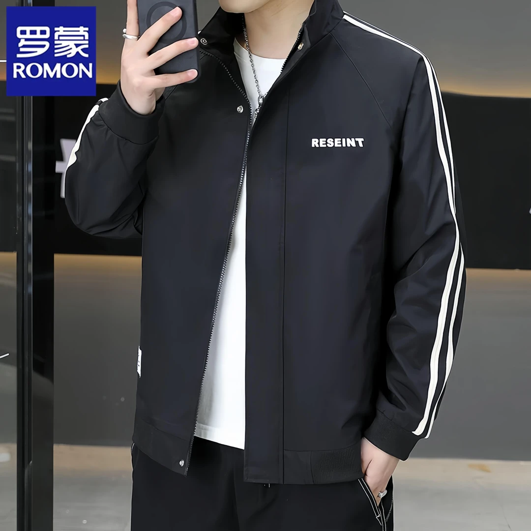 罗蒙秋季男士夹克帅气工装立领外套休闲潮牌韩版修身条纹百搭衣服