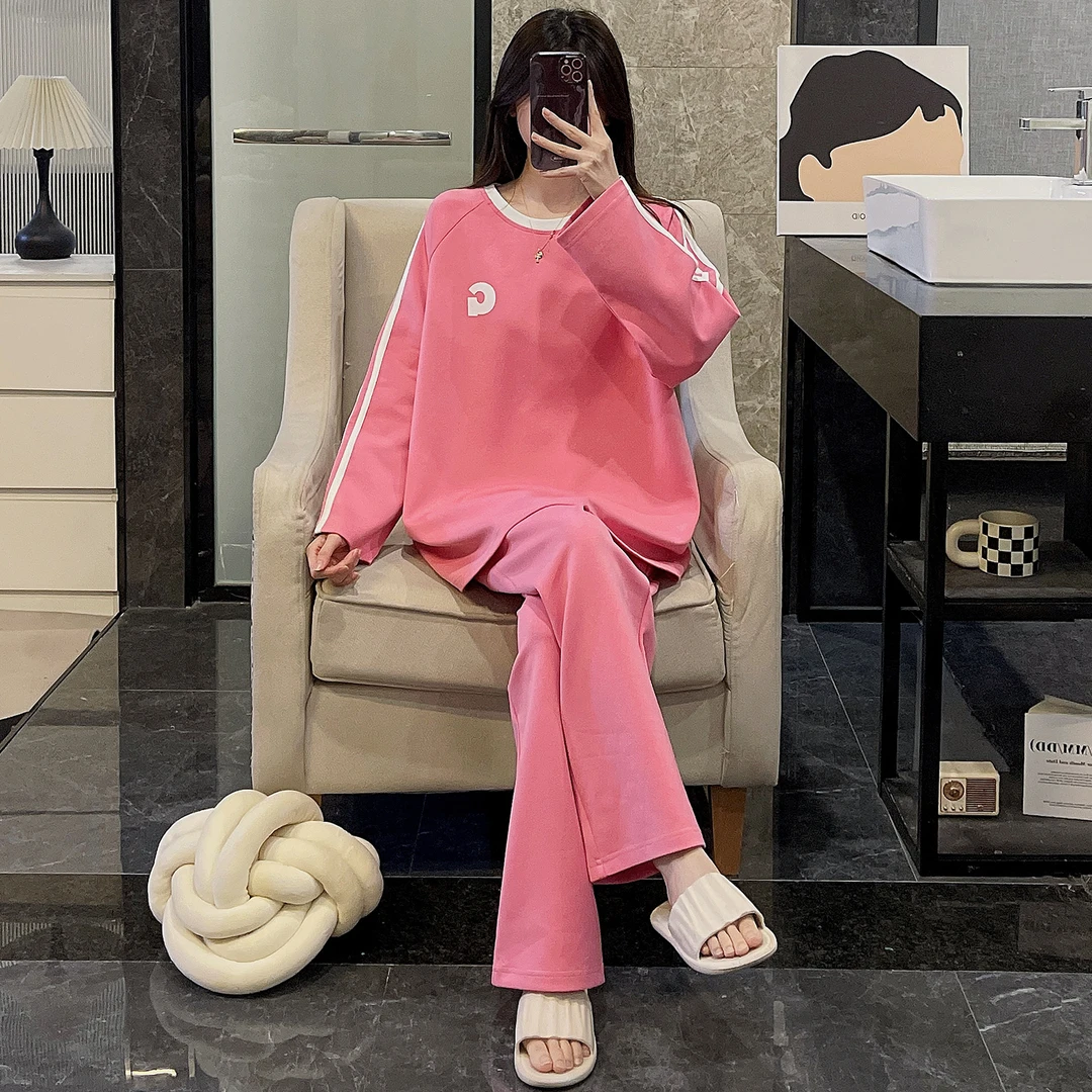 睡衣女春秋季纯棉长袖大码2025年新款可外穿粉色字母家居服套装