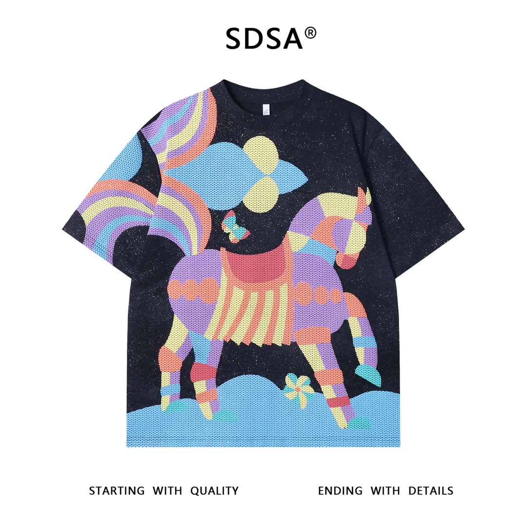 夏季高级感新款男士小马彩色印花圆领短袖T恤小众设计洒金上衣