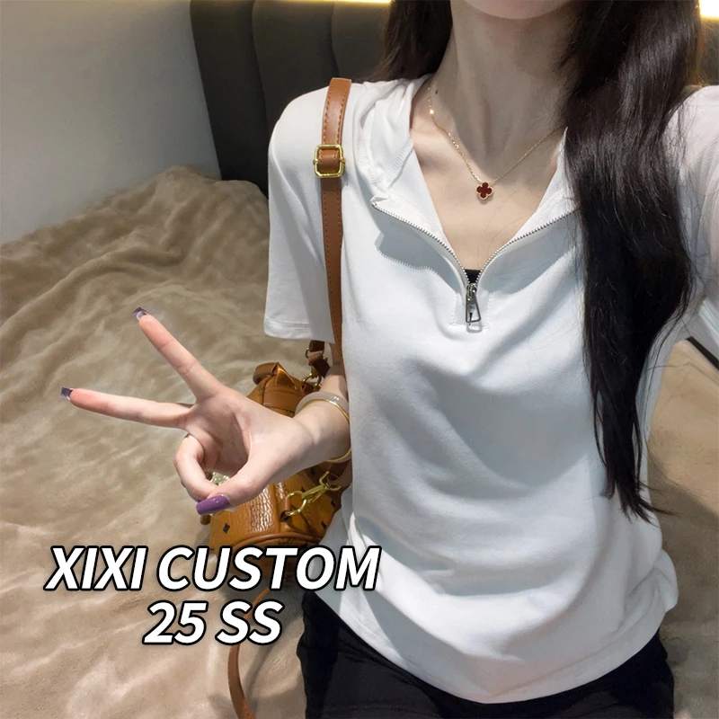 Moses Queen/魔西女王时尚连帽设计感半拉链短袖t恤宽松显瘦上衣