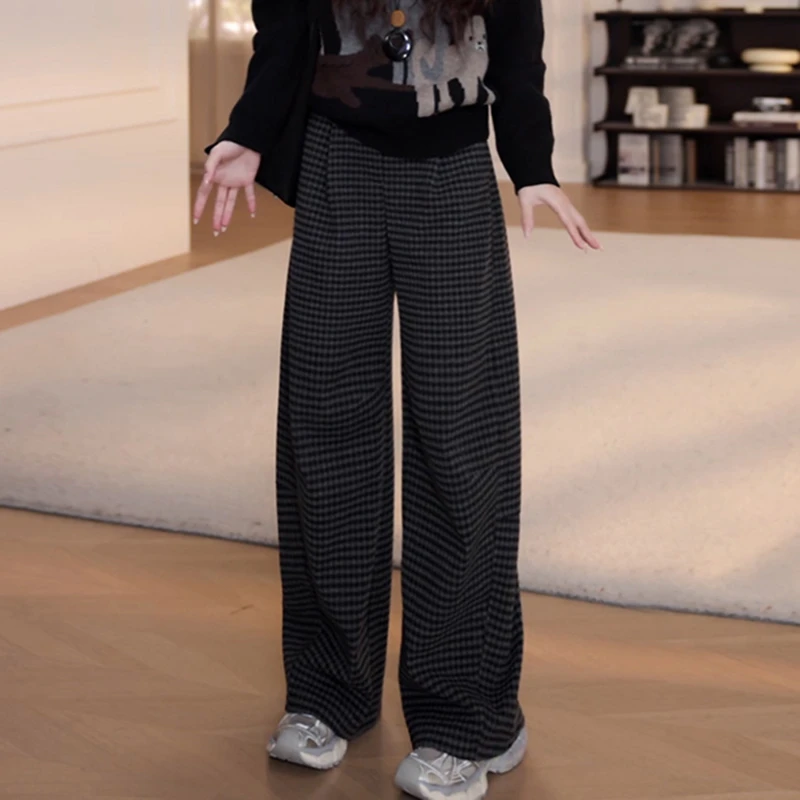 冬季加绒保暖阔腿裤女2025秋冬新款宽松百搭洋气加绒加厚格子长裤