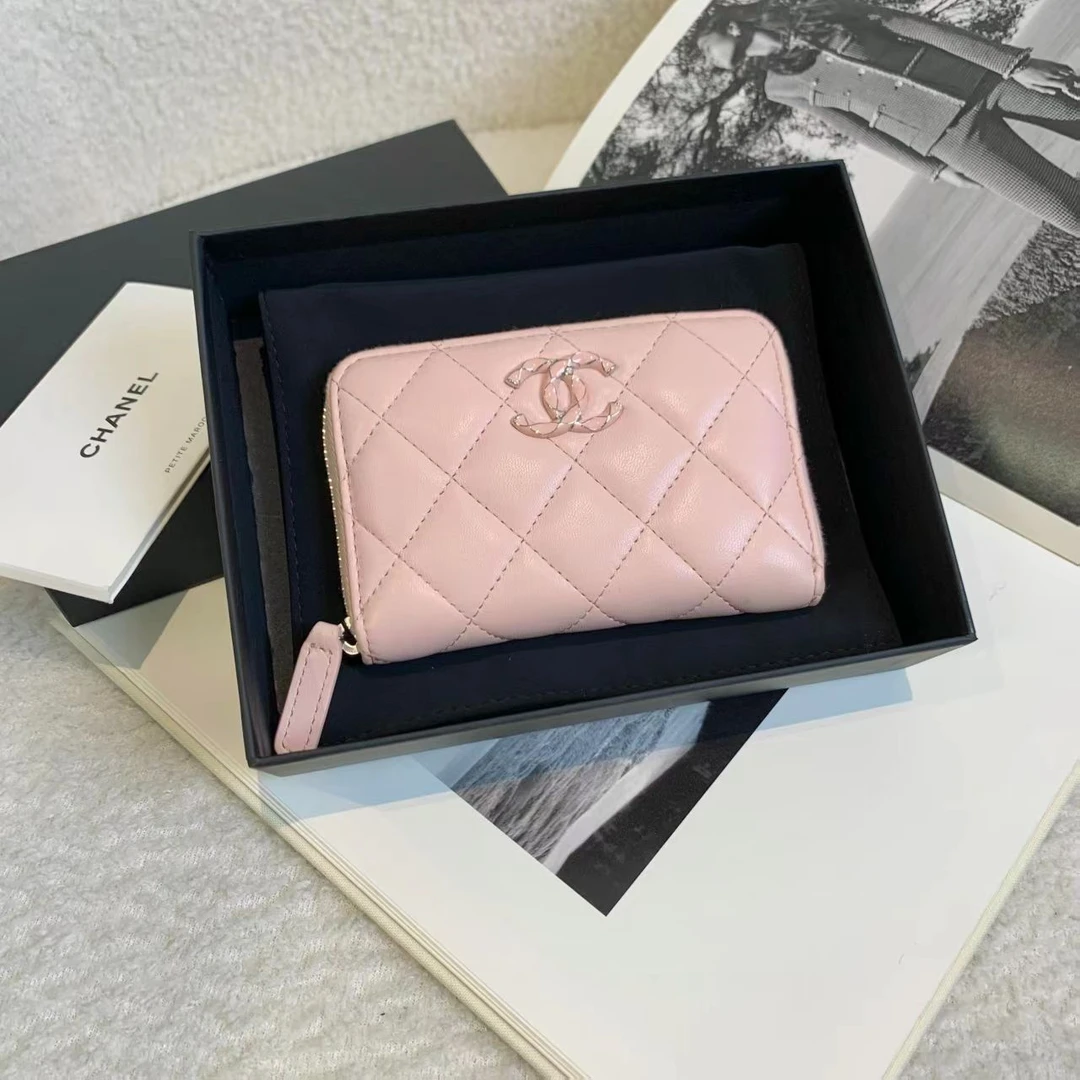 99新 Chanel/香奈儿 壹臻/23K淡粉色羊皮拉链卡包 95825948
