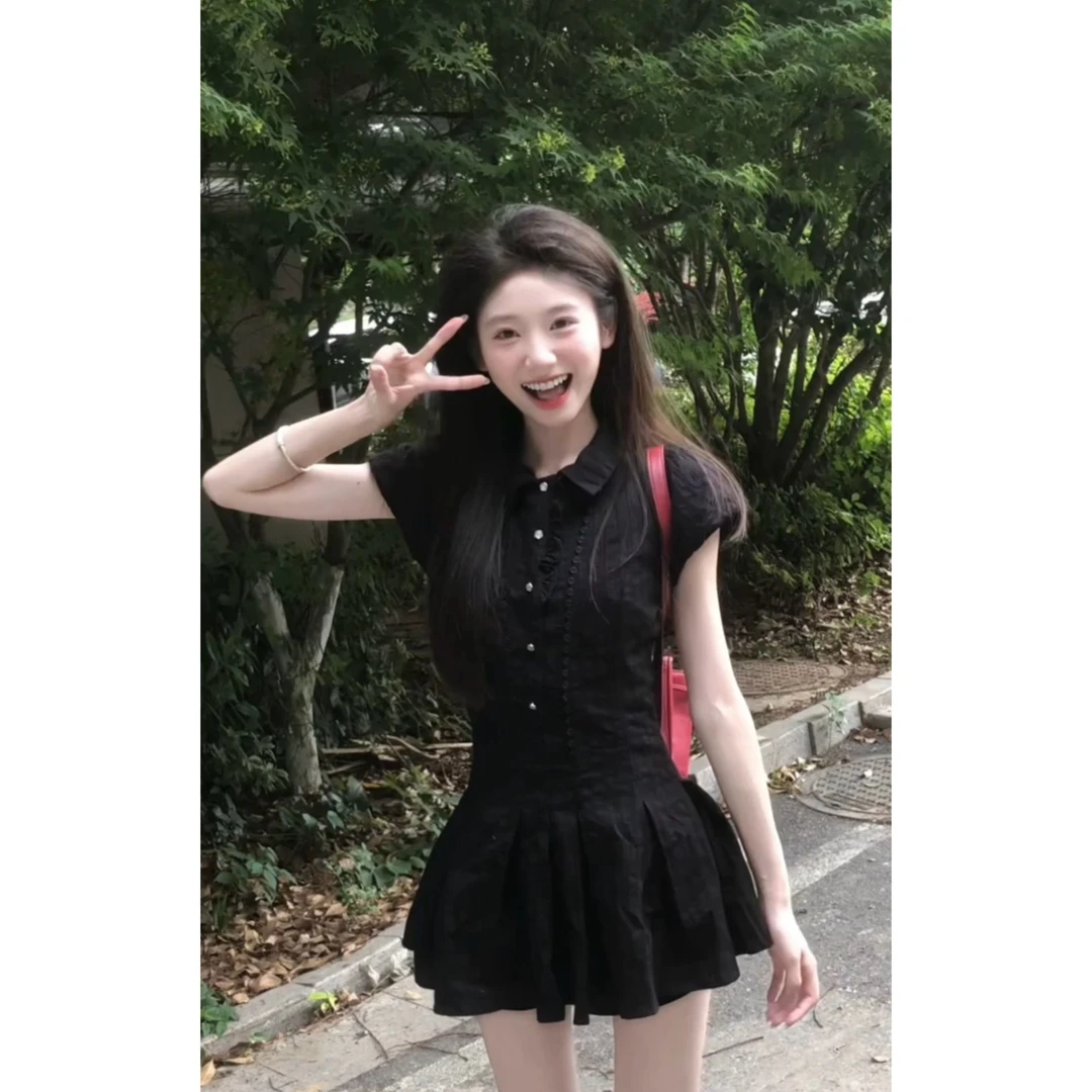 韩系学院风黑色泡泡袖连衣裙女小个子独特漂亮掐腰短裙