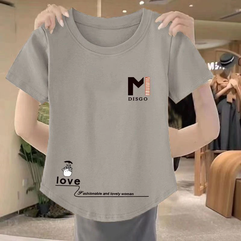 大码印花正肩短袖t恤女夏新款韩版修身显瘦遮肉百搭简约洋气上衣