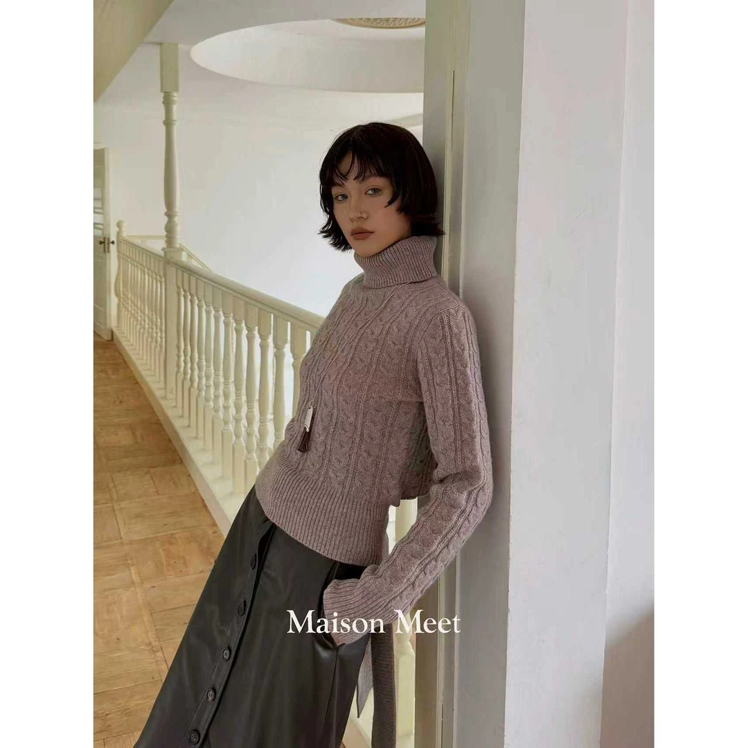 Mozch 羊毛软糯绞花钩花镂空绑带高领保暖毛衣 2664