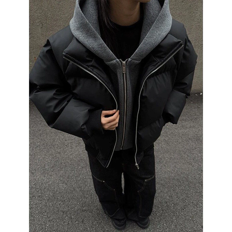 美拉德咖灰色pu皮假两件连帽棉服男秋冬加厚保暖短款立领棉衣外套