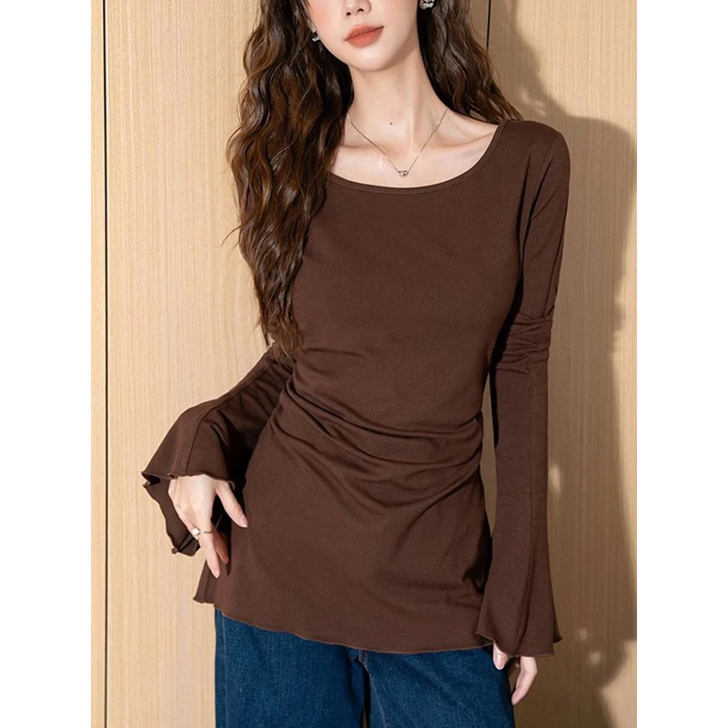 辣妹喇叭袖U领打底衫女春秋冬季大码收腰长袖T恤修身显瘦内搭上衣