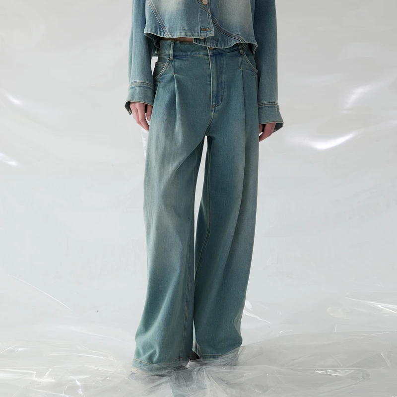 谜底牛仔阔腿裤女士2025春新品复古高腰百搭牛仔裤长裤251MK0019