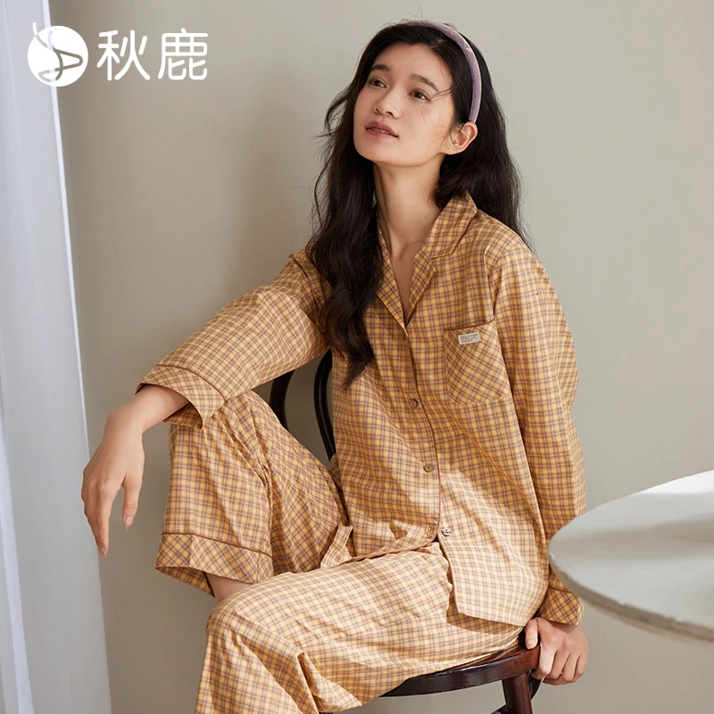 秋鹿梭织色织格纯棉睡衣女春夏新款森系格子长袖家居服套装可外穿