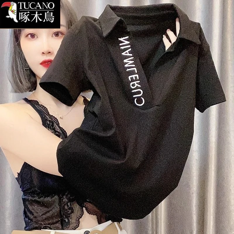 啄木鸟正品韩版夏季短袖翻领T恤女2025年新款潮流设计感纯色上衣