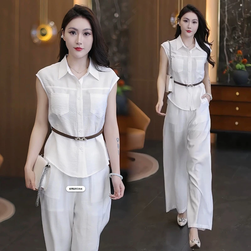 高档时尚套装女2025夏季新款洋气显瘦无袖衬衫上衣阔腿裤百搭两件