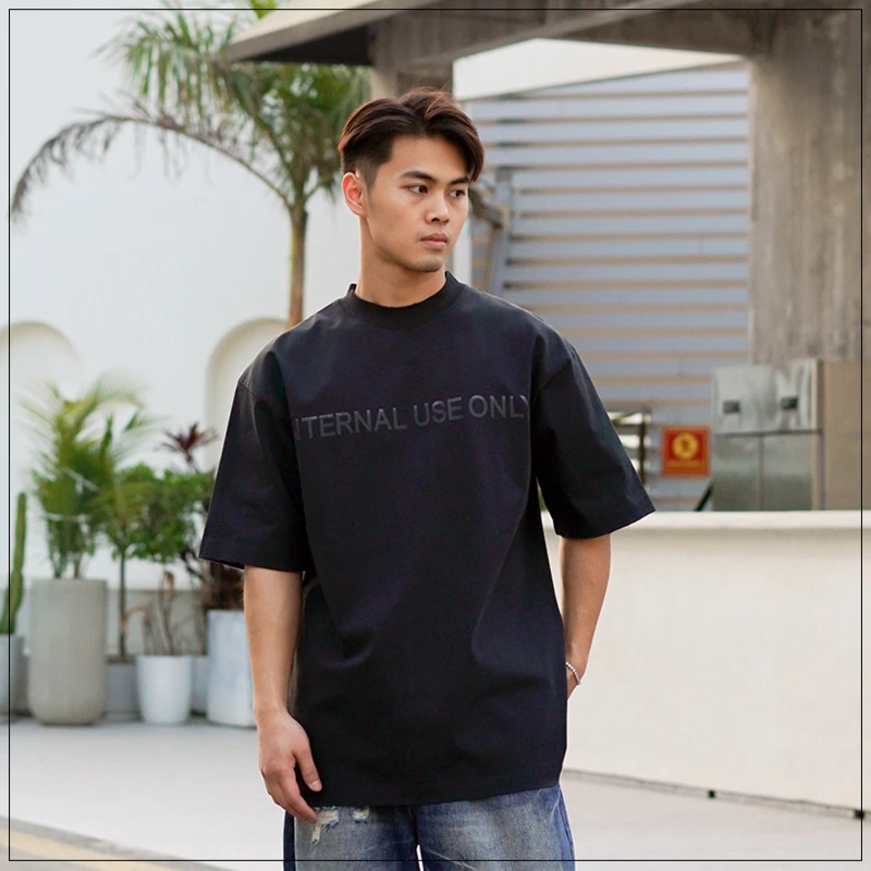 420克重磅美式小领口T恤简约英文宽松oversize阔版圆领短袖男装潮